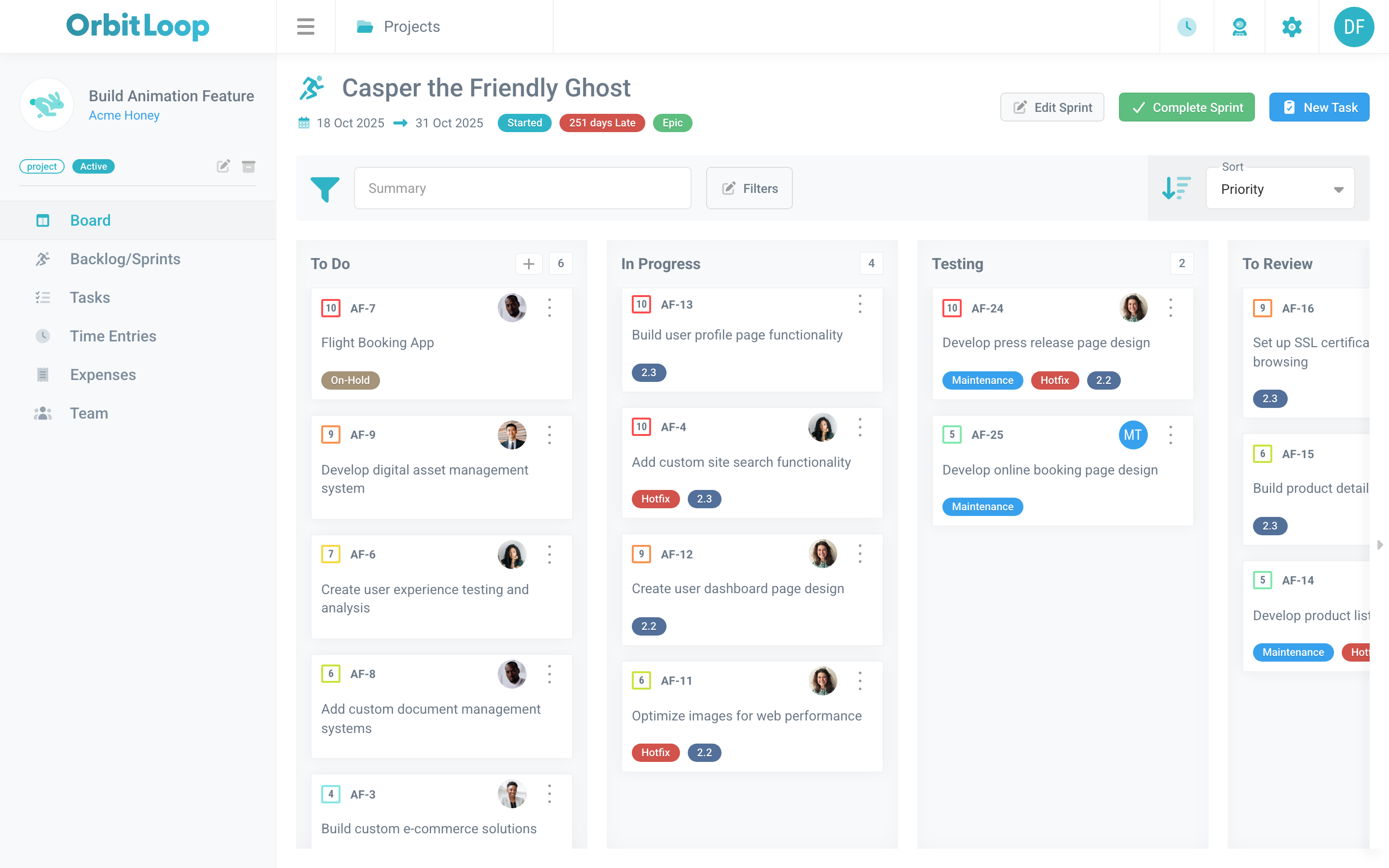 OrbitLoop kanban board with custom stages for Acme Honey