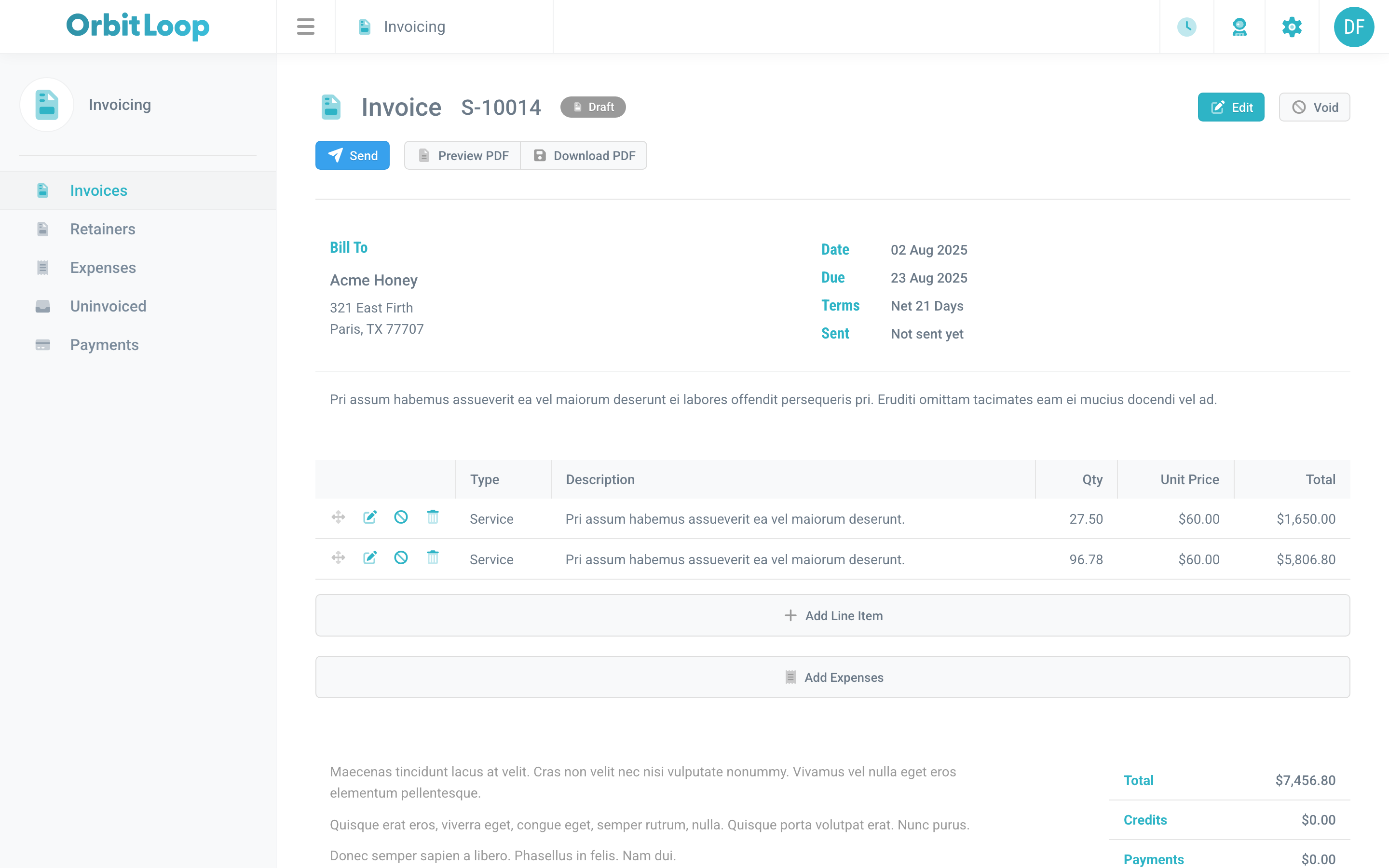 An OrbitLoop invoice for Acme Honey with line items and PDF actions