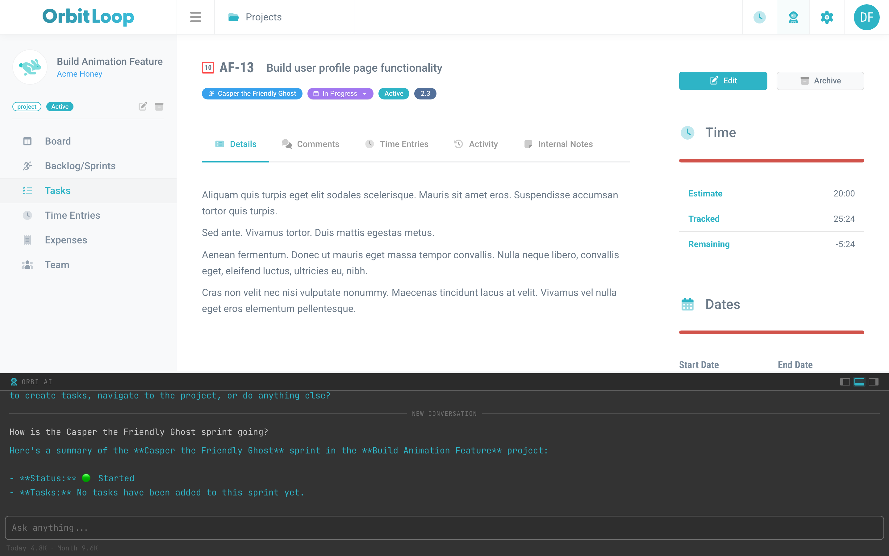 An OrbitLoop task with tracked time and time entries